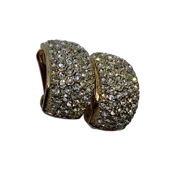 Vintage Roman Co 80s Gold-Tone Pavé Rhinestone Chunky Statement Clip On Earrings - Picture 5 of 7